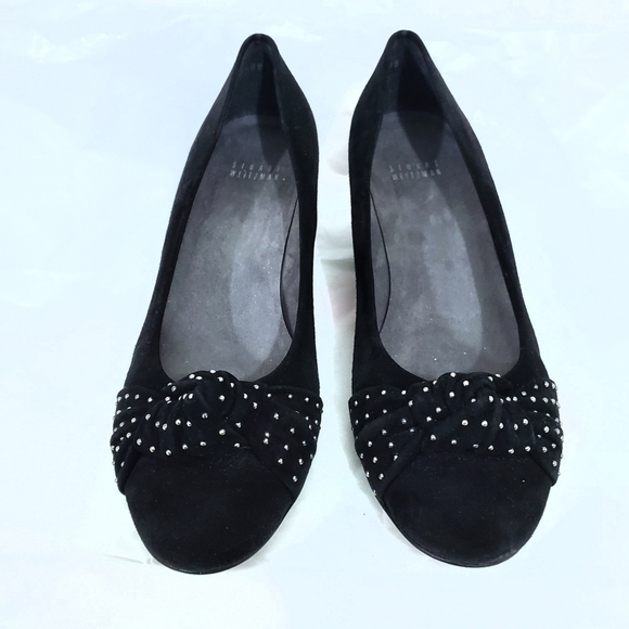 Stuart Weitzman Black Dotsun Suede Bow Wedge Heels - Picture 2 of 7